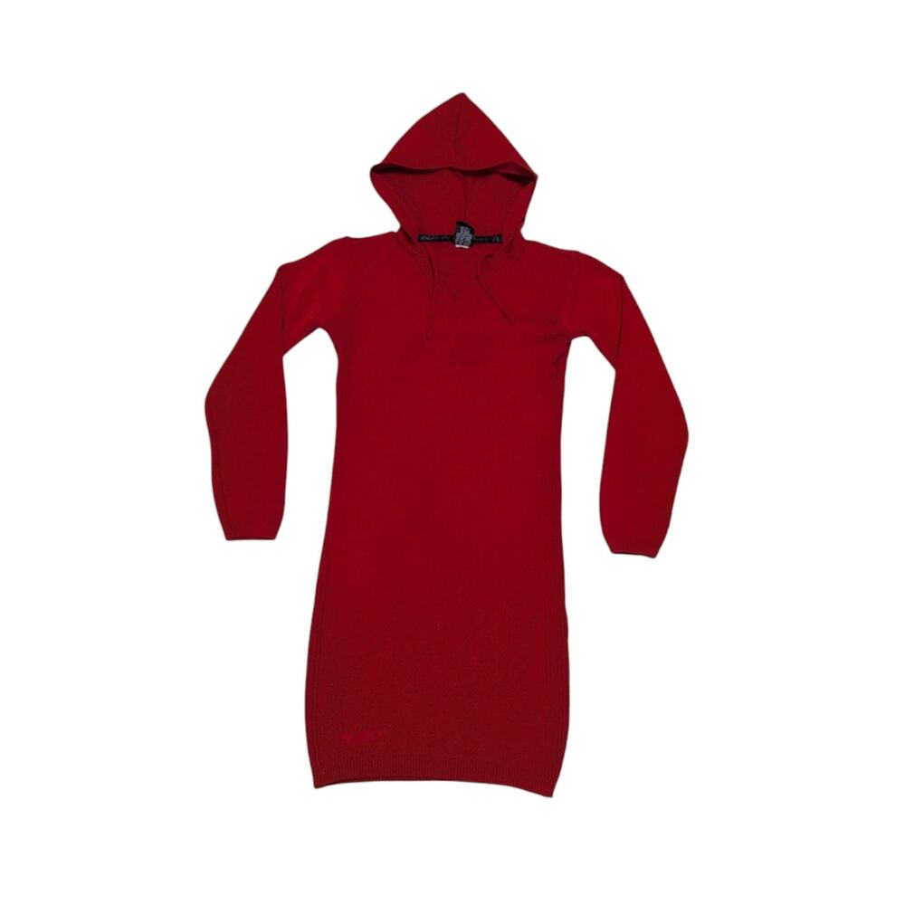 Vintage FUBU Sport Red Knit Hooded Sweater Dress Long Sleeve Womens Small Retro